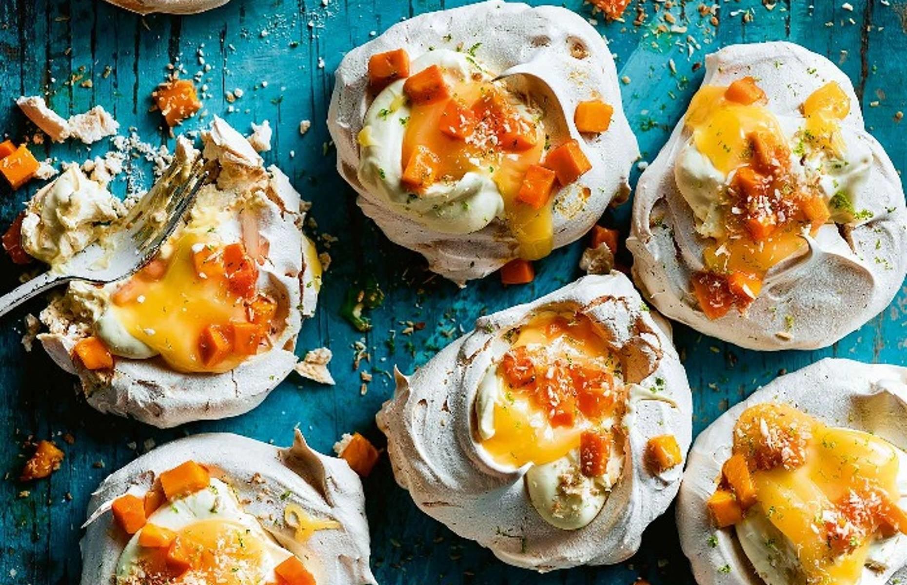 Mango, lime and coconut meringues