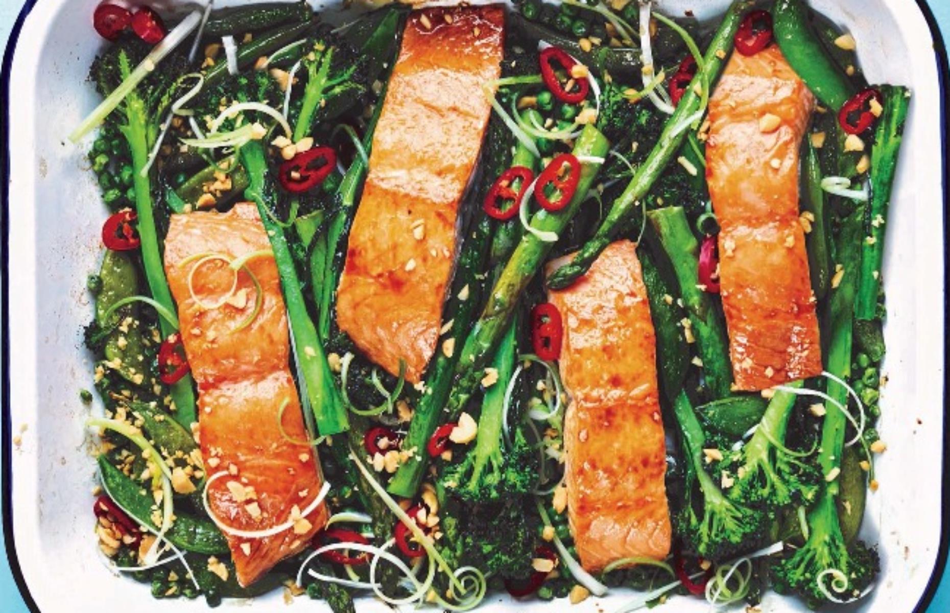 Soy and honey roasted salmon with greens