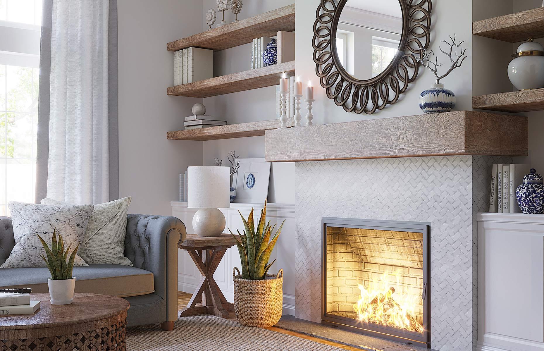 Fireplace alcove online shelves