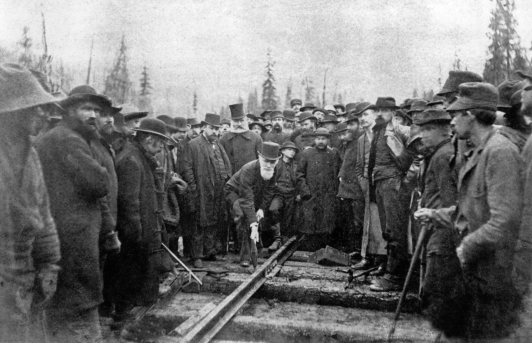 1885: driving the last spike of the Canadian Pacific Railway in Craigellachie, British Columbia
