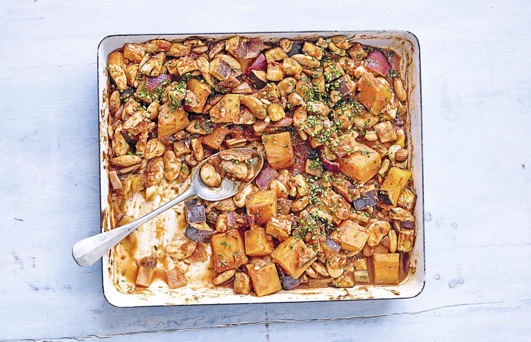 Roasted spicy squash, nuts and beans
