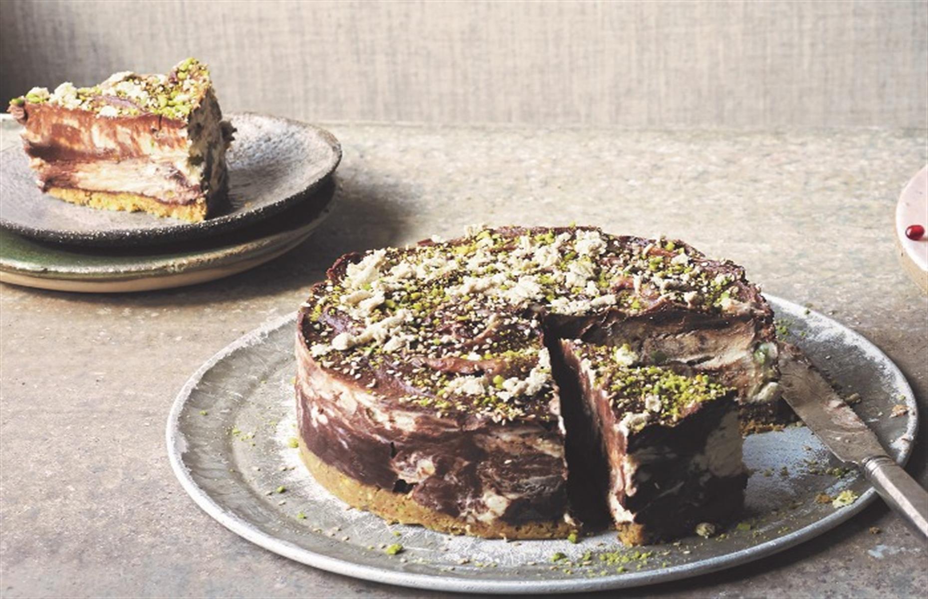 Tahina, chocolate and pistachio cheesecake