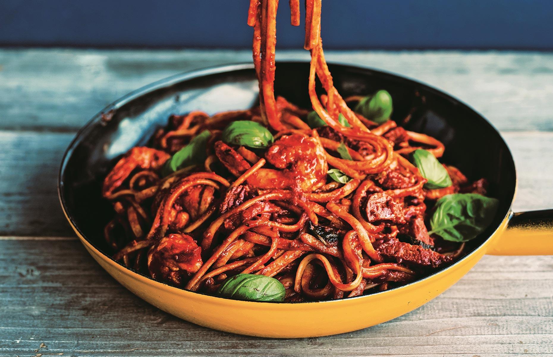 Prawn, chorizo and basil linguine 