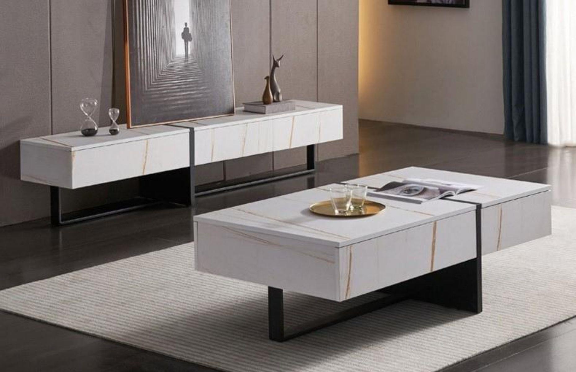 Before: sleek melamine coffee table