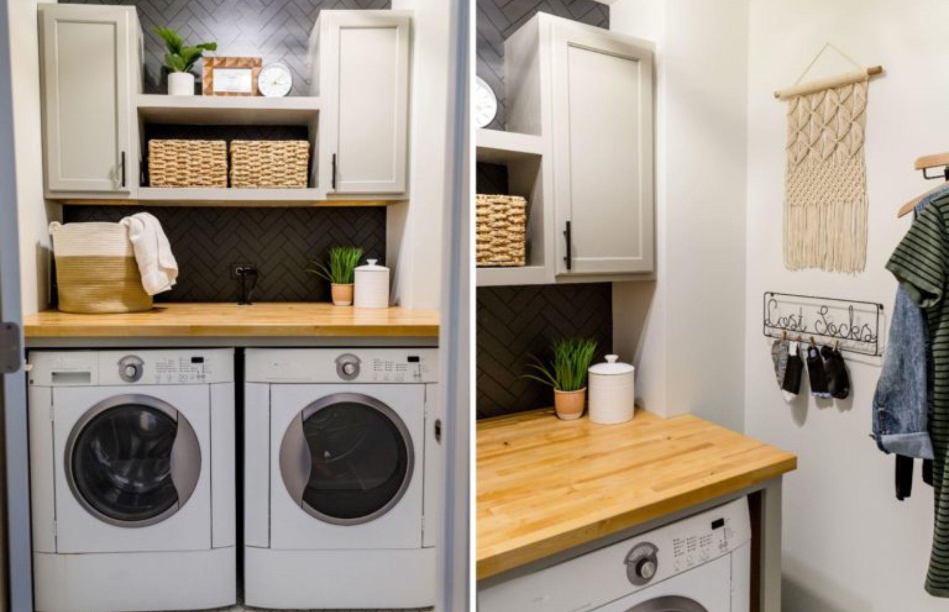 Compact laundry room with faux tiles