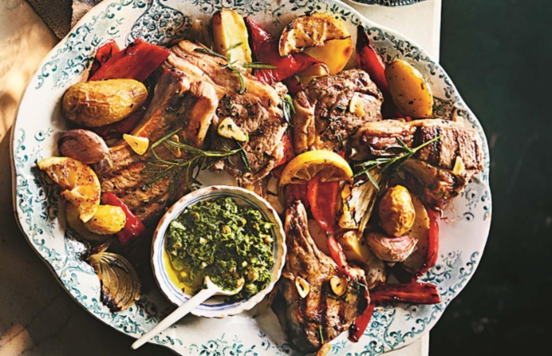 Lamb cutlets: rosemary lamb with roasted potatoes, peppers and salsa verde