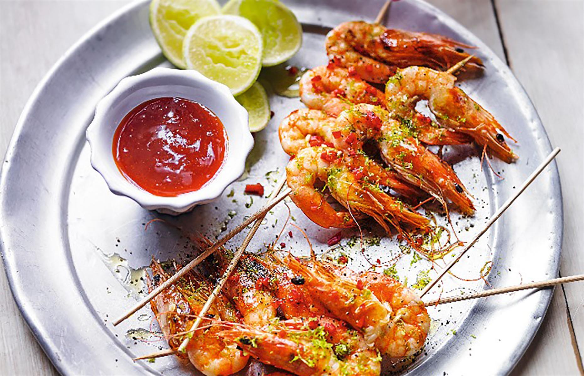 Barbecued lime and chilli tiger prawns
