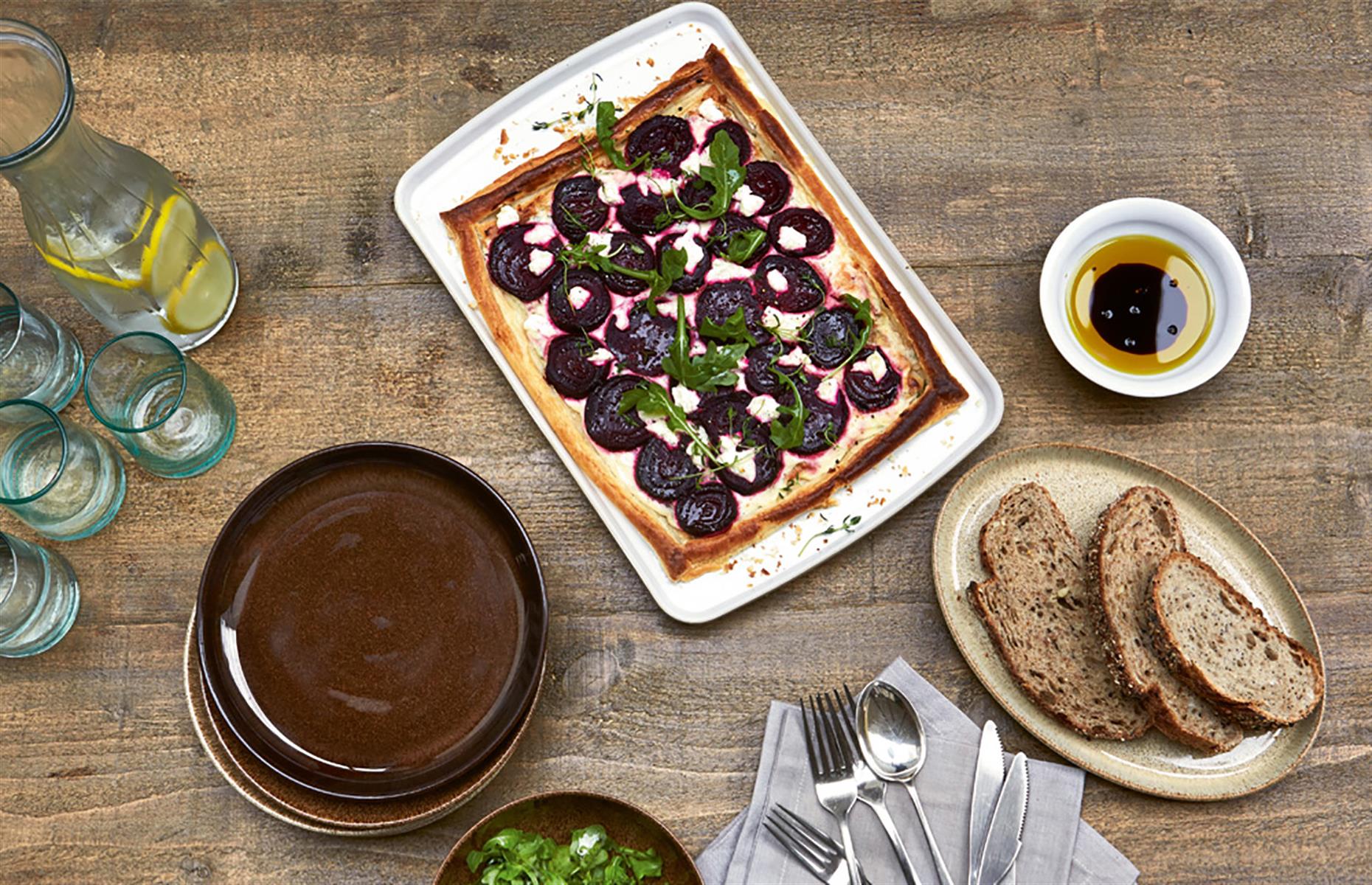 Beetroot, goats' cheese and thyme tart