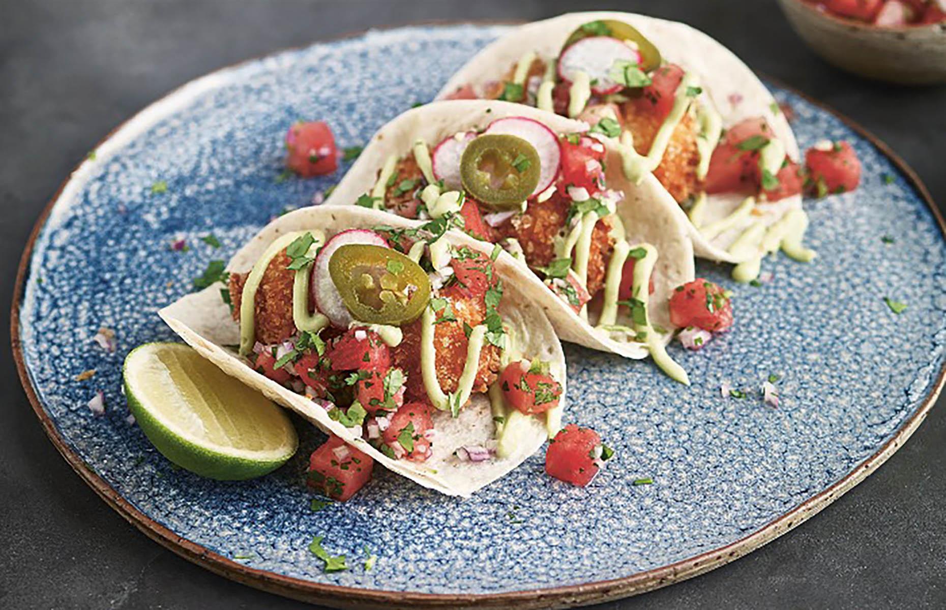 Panko-crusted fish and watermelon salsa tacos
