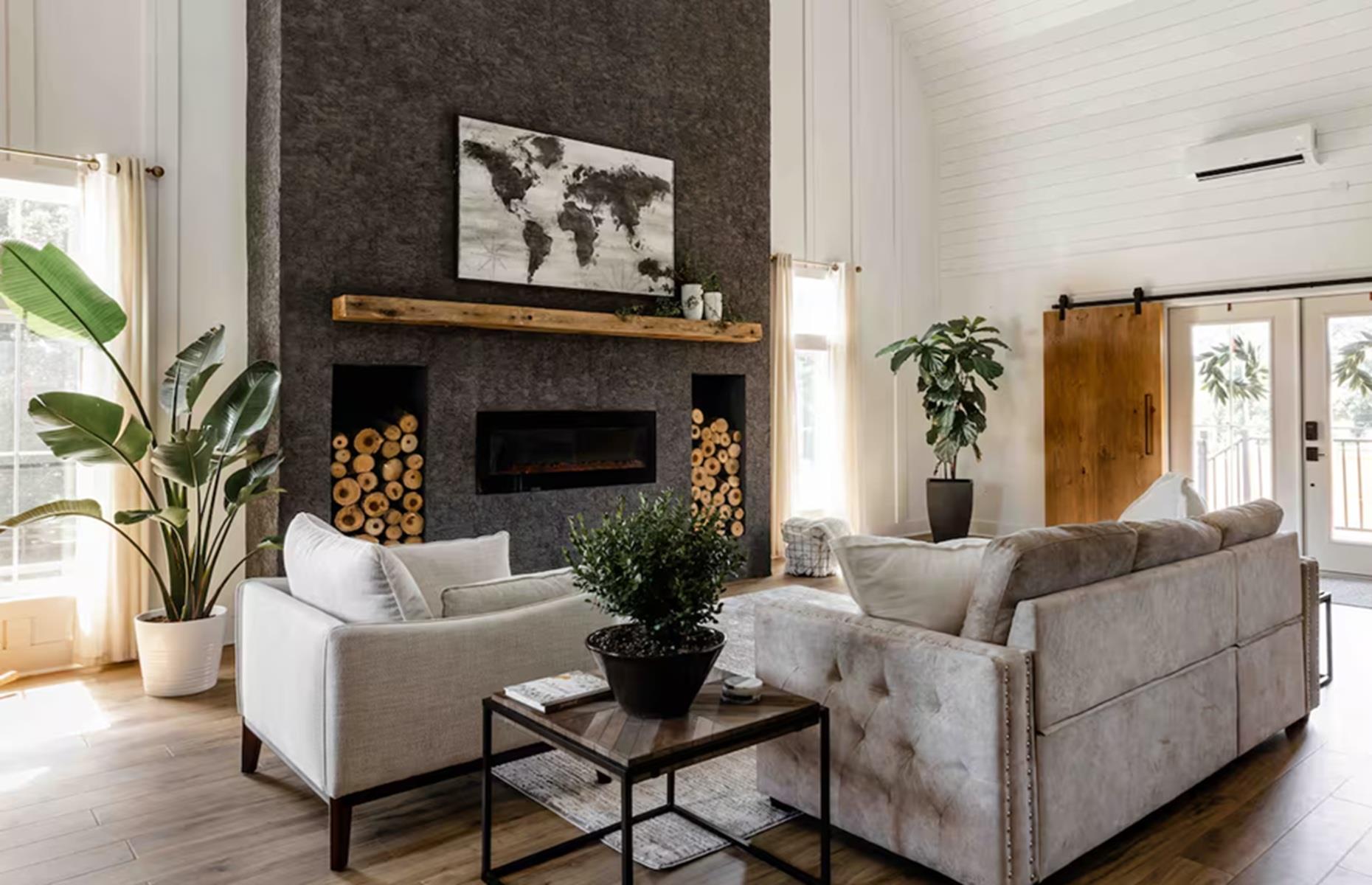 Newly renovated barn: statement fireplaces