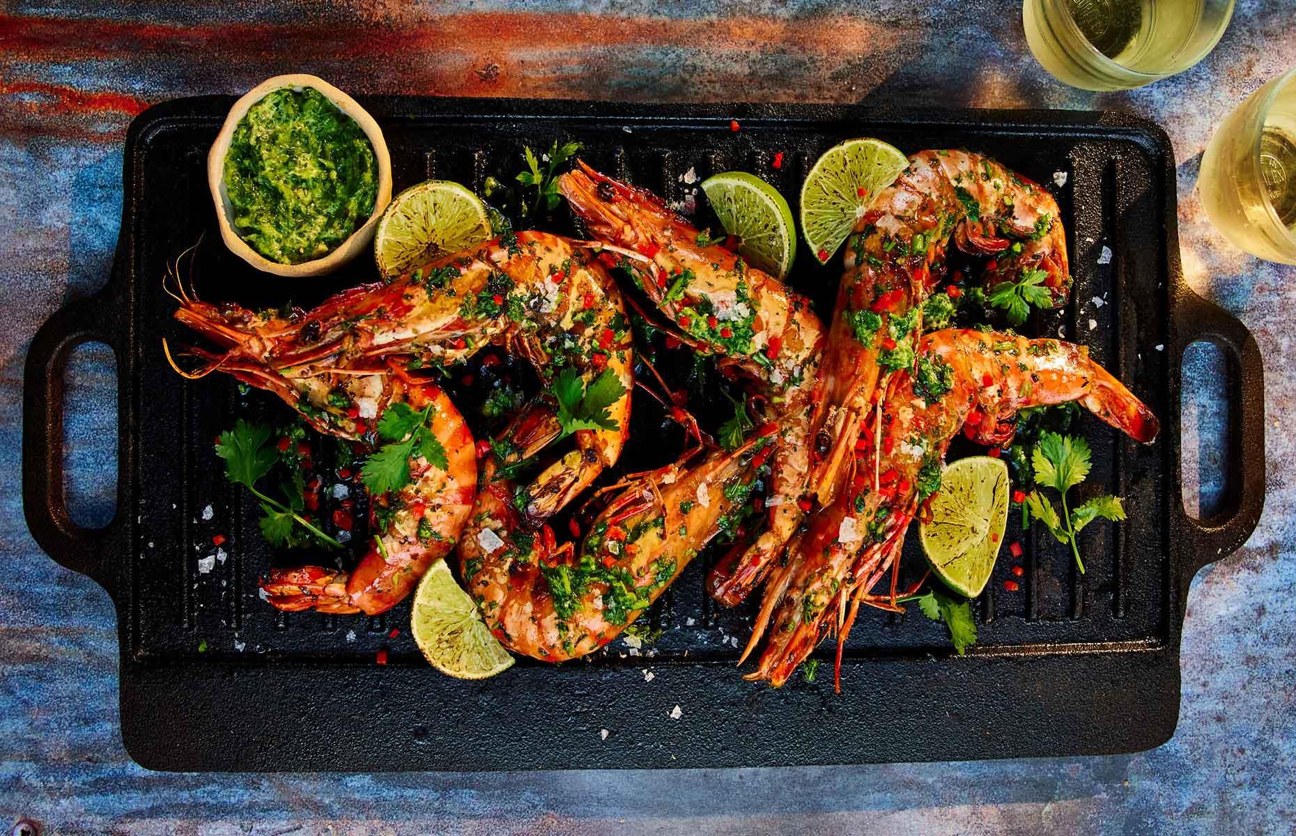 BBQ prawns with chilli, ginger and coriander