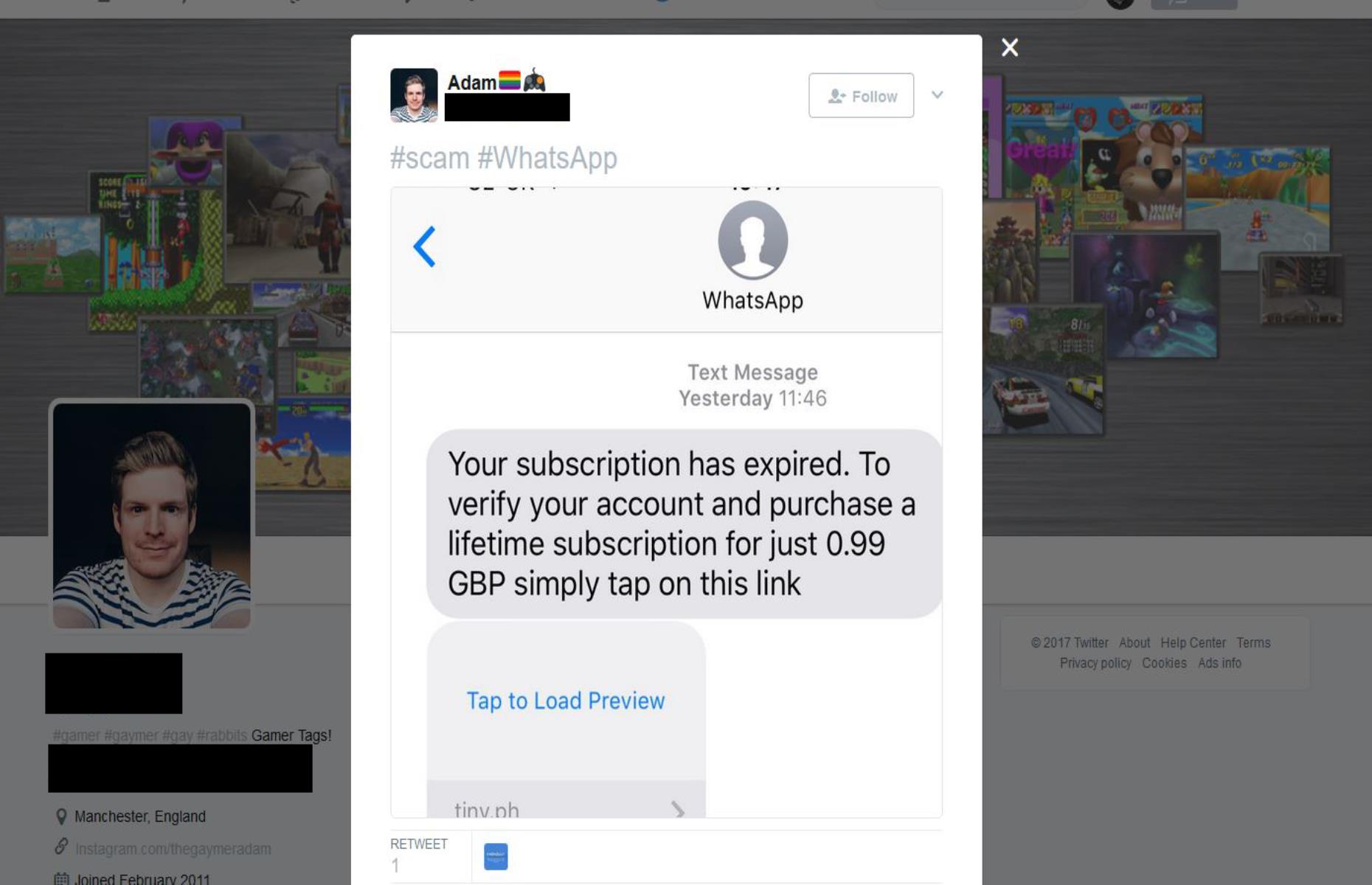 WhatsApp subscription charge scam (Image: Twitter - Adam)