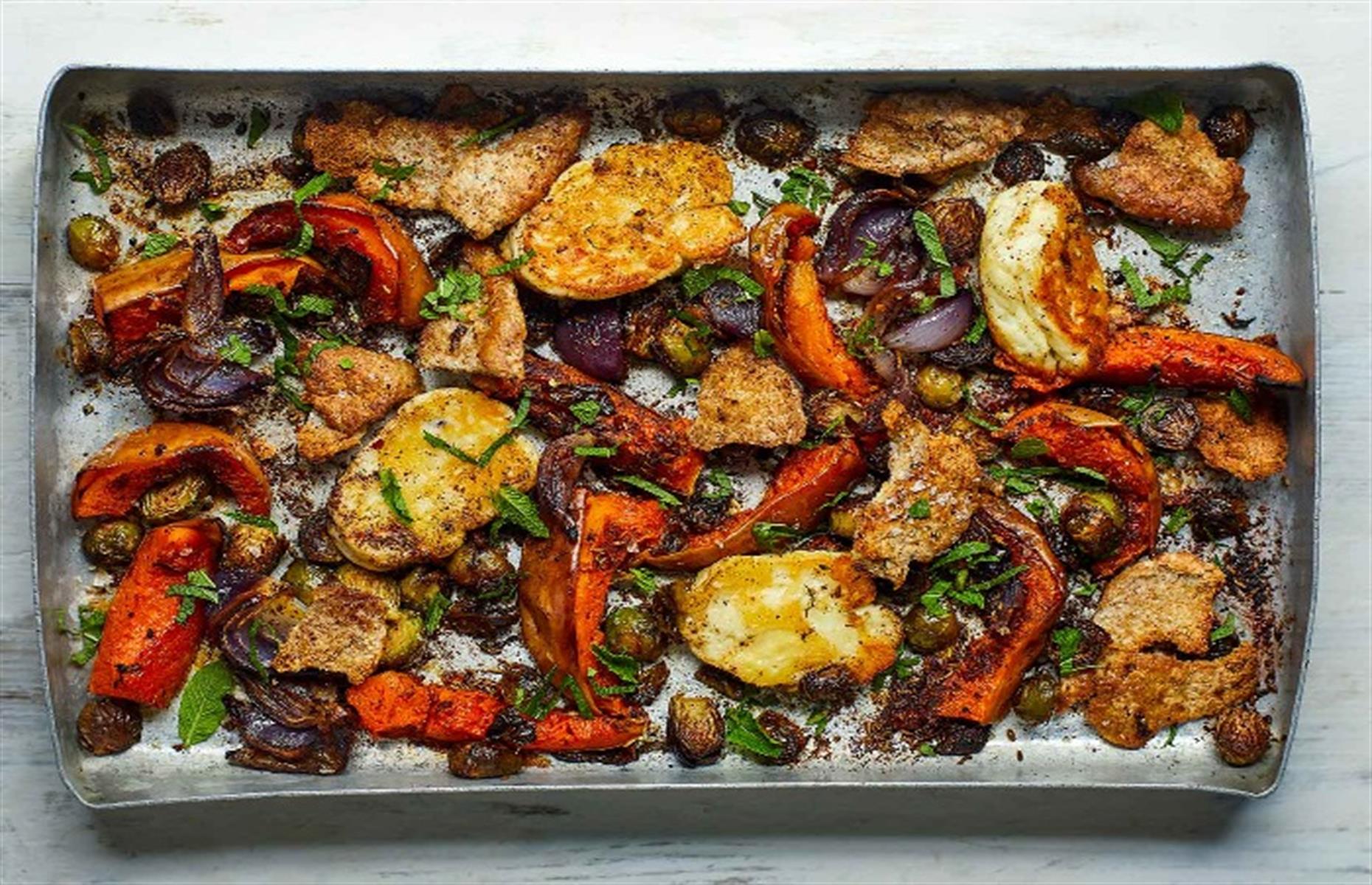 Roasted vegetables with baked halloumi
