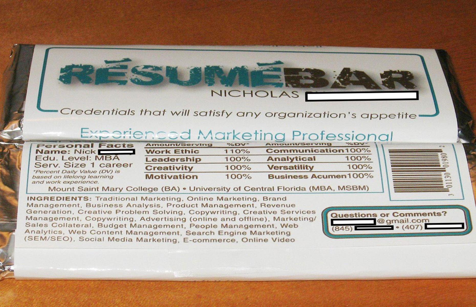 Nicholas' candy bar resume