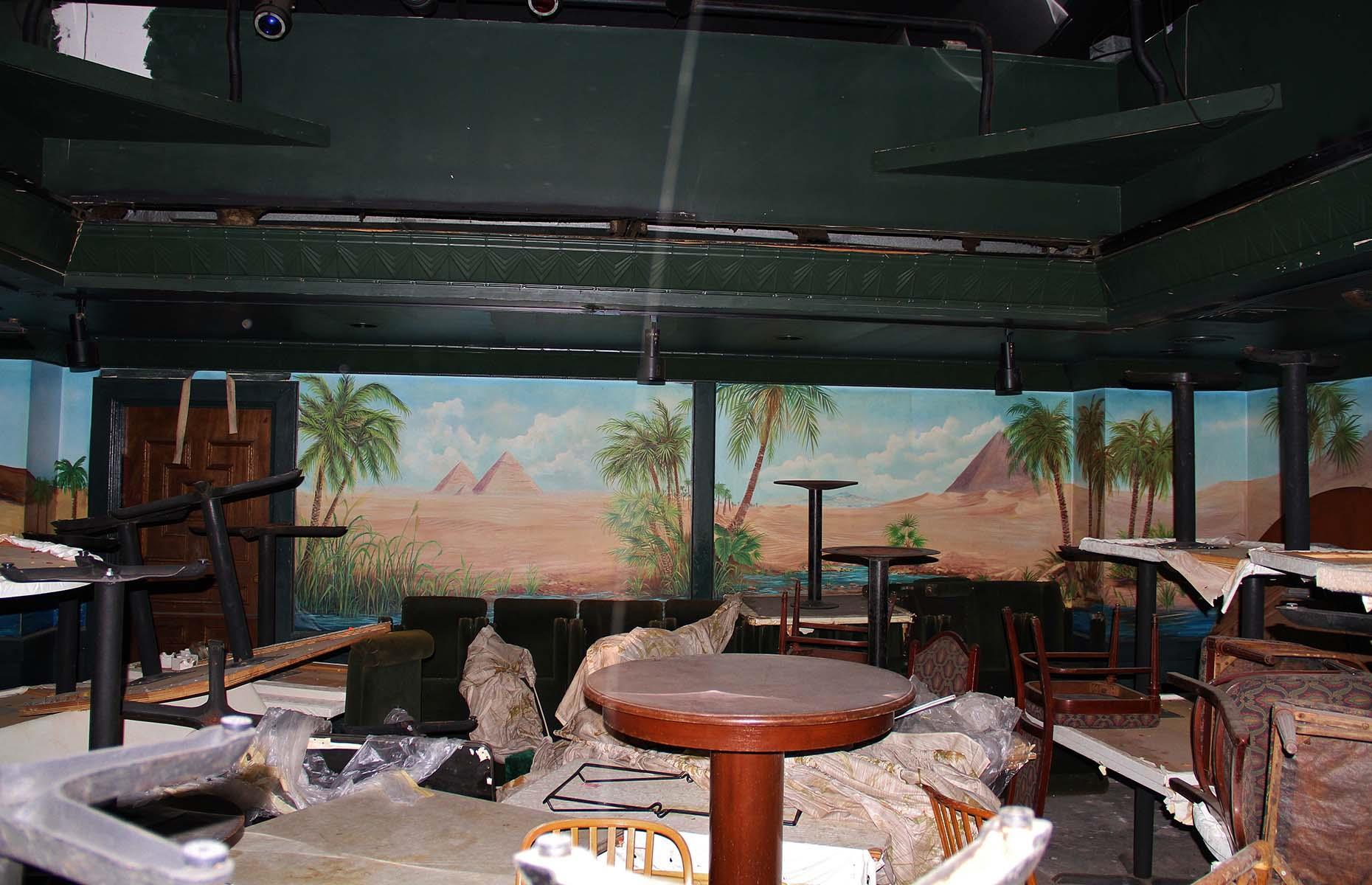 An Egyptian-themed restaurant which fell victim to vandalism, USA