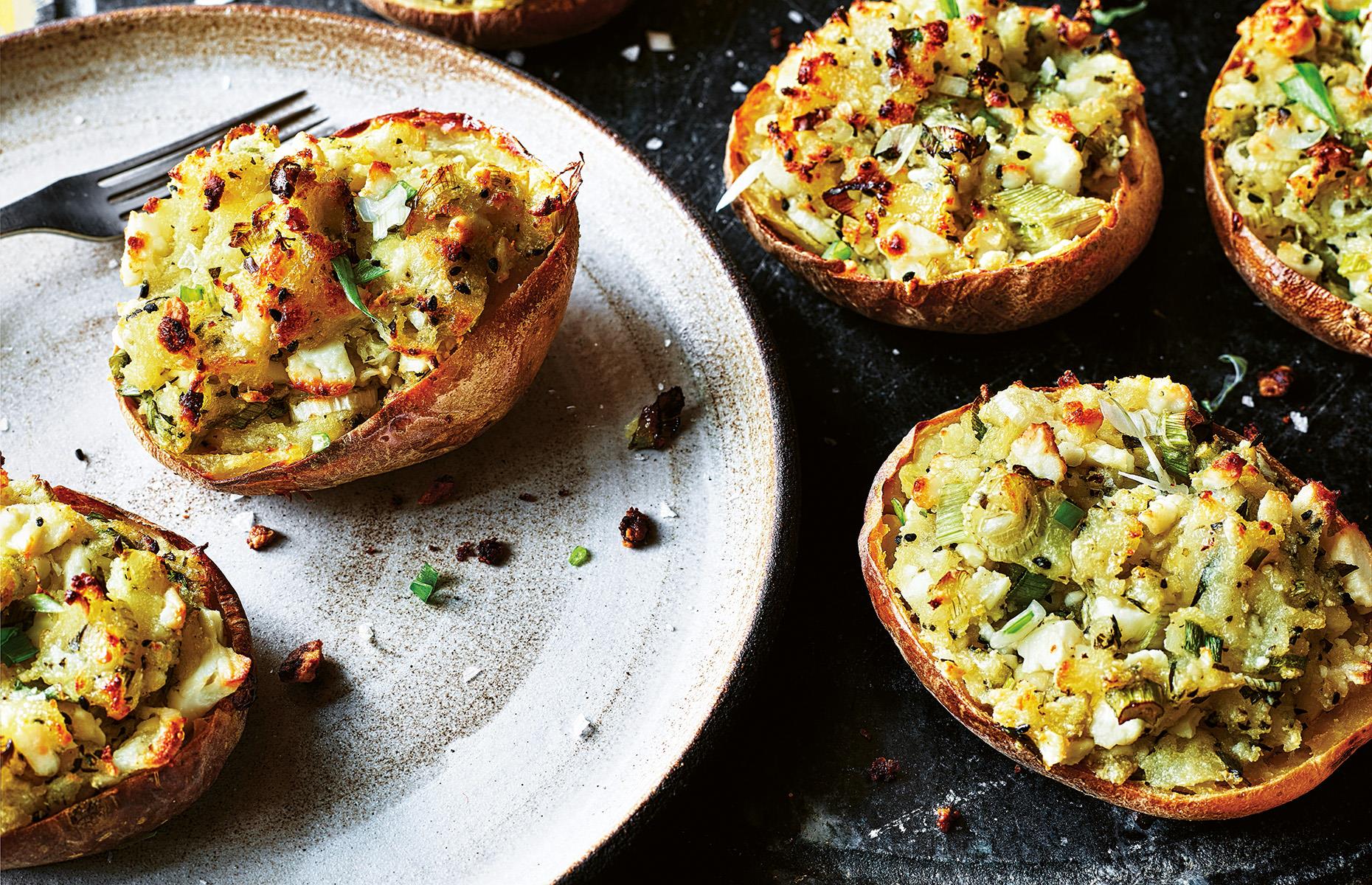Feta and spring onion-stuffed potato skins