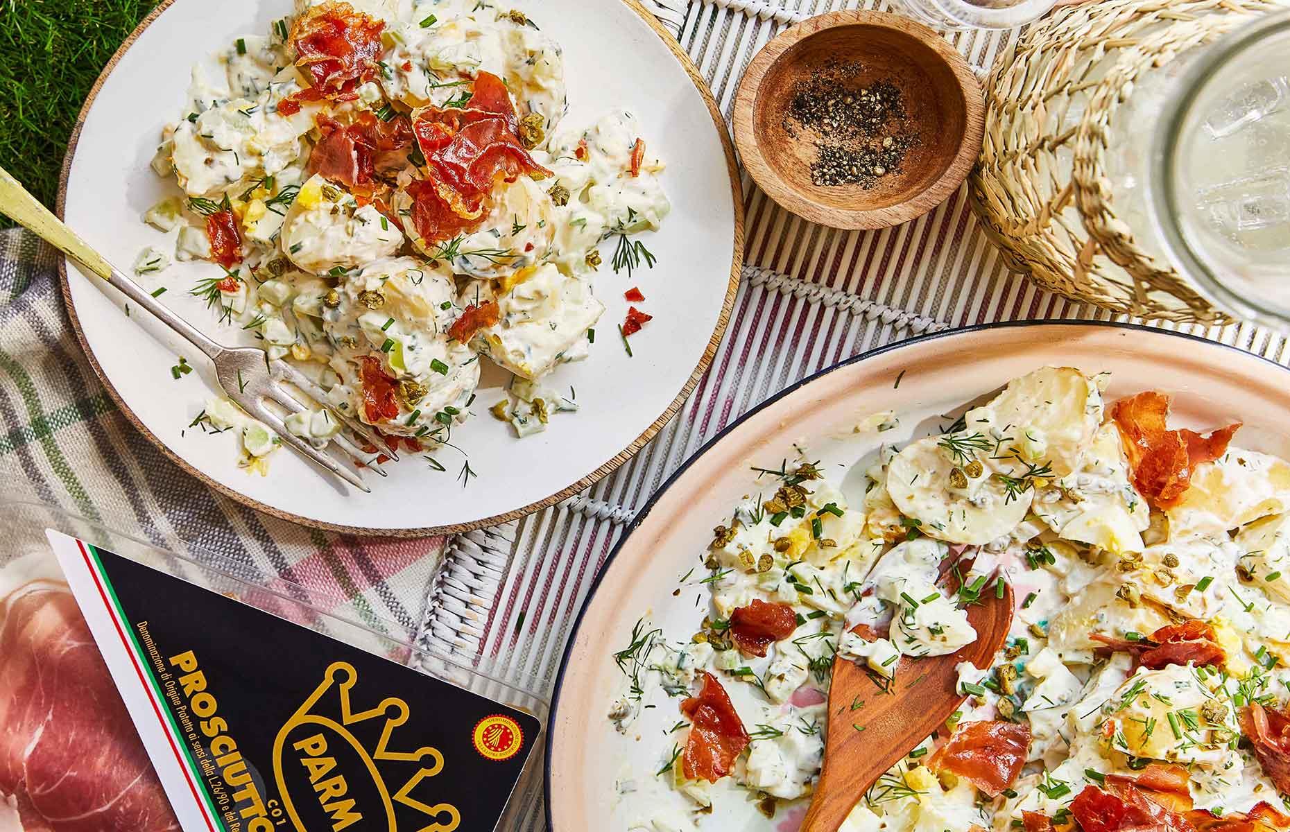Potato salad with crispy Parma Ham