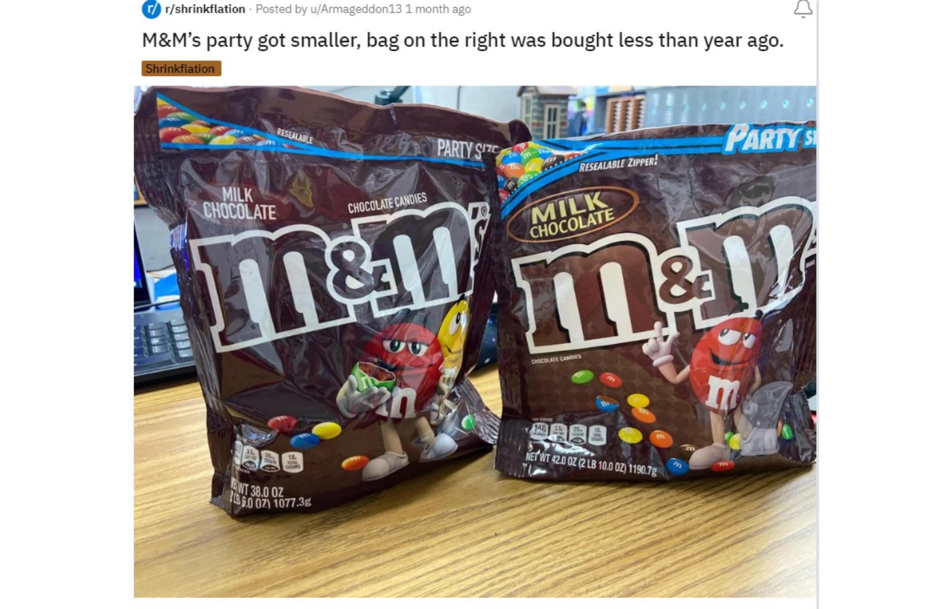 M&M's party got smaller, bag on the right was bought less than year ago. :  r/shrinkflation