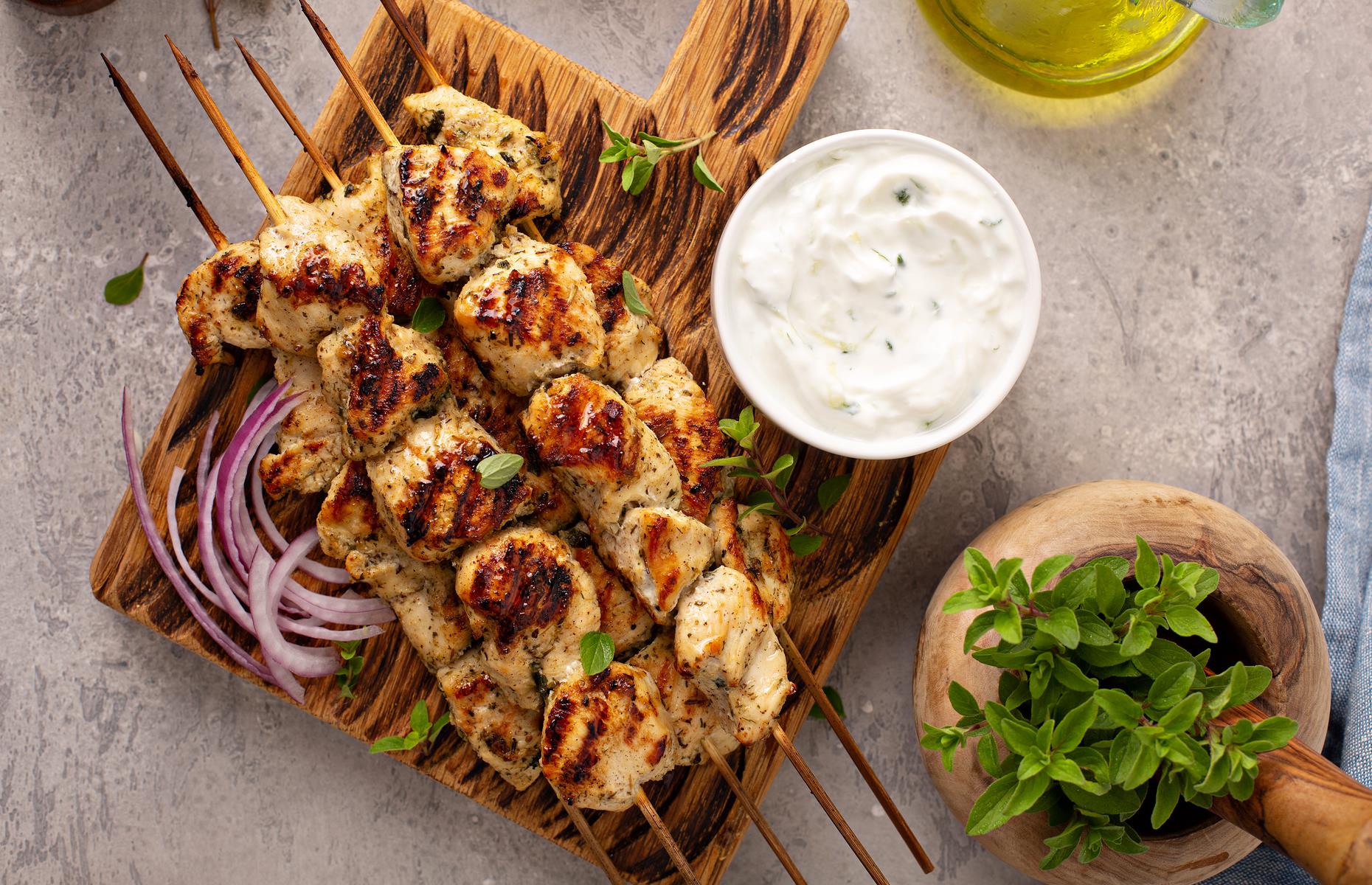 Chicken souvlaki with couscous salad