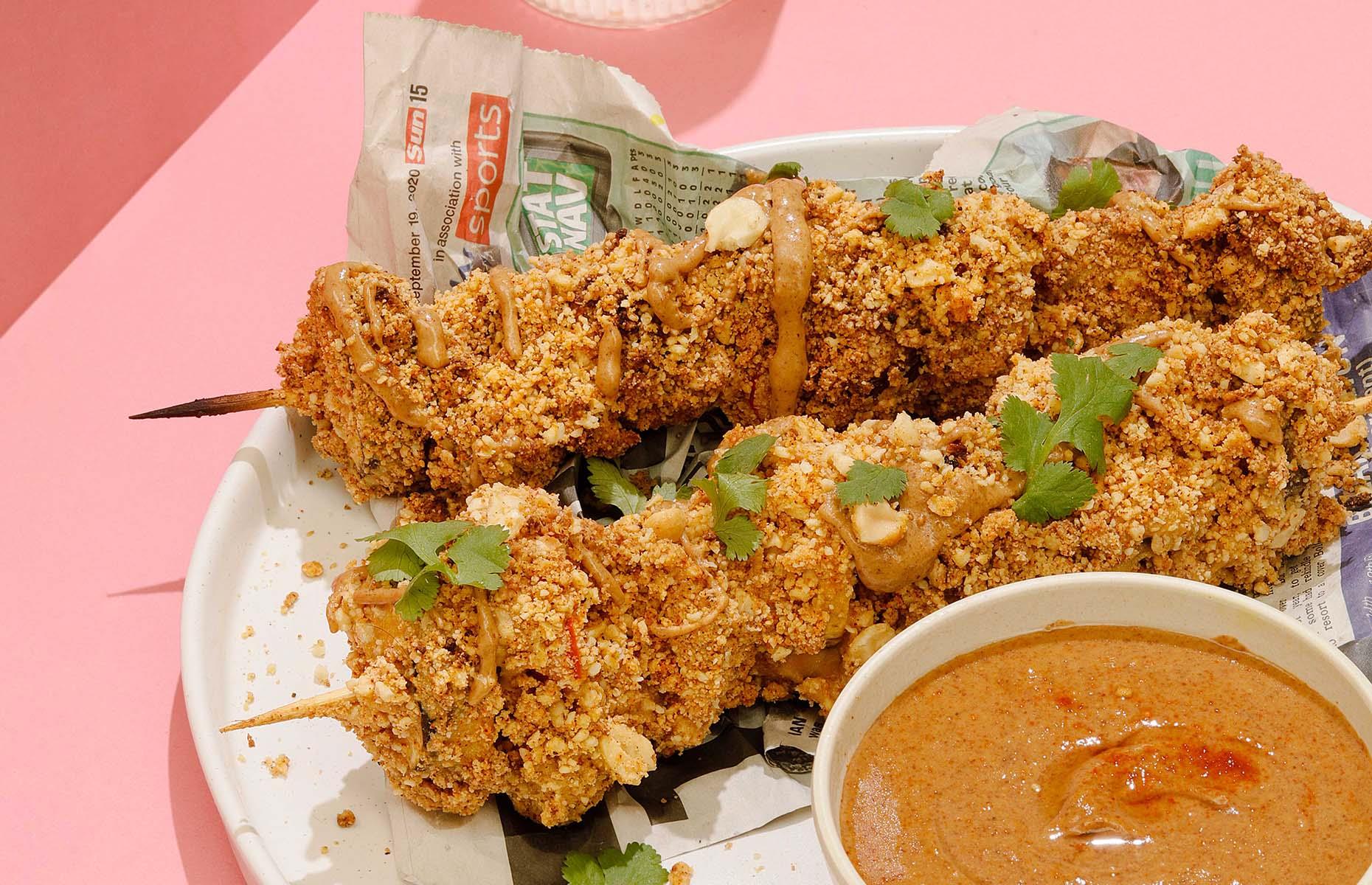 Suya-battered vegetable kebabs