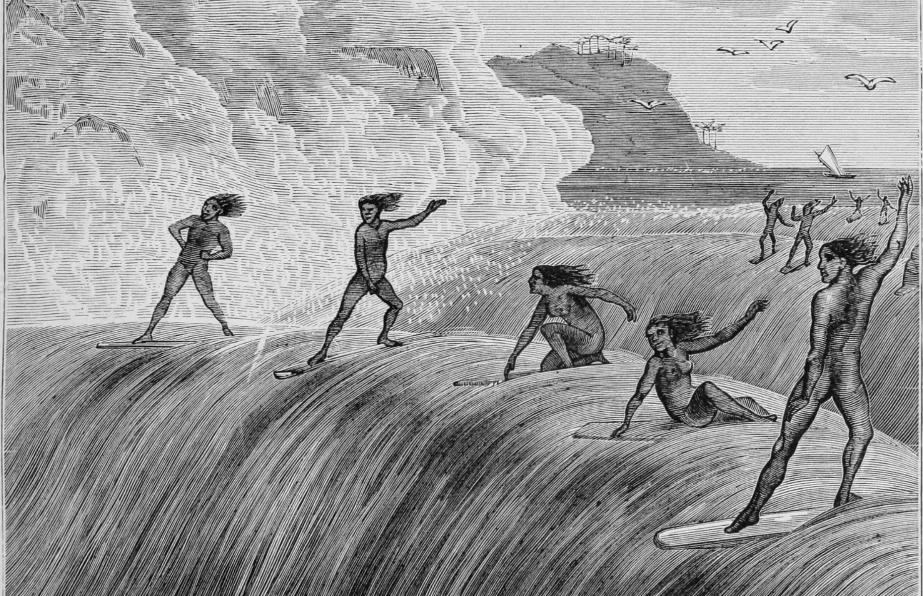 1877: Men and women surf together in Hawaii