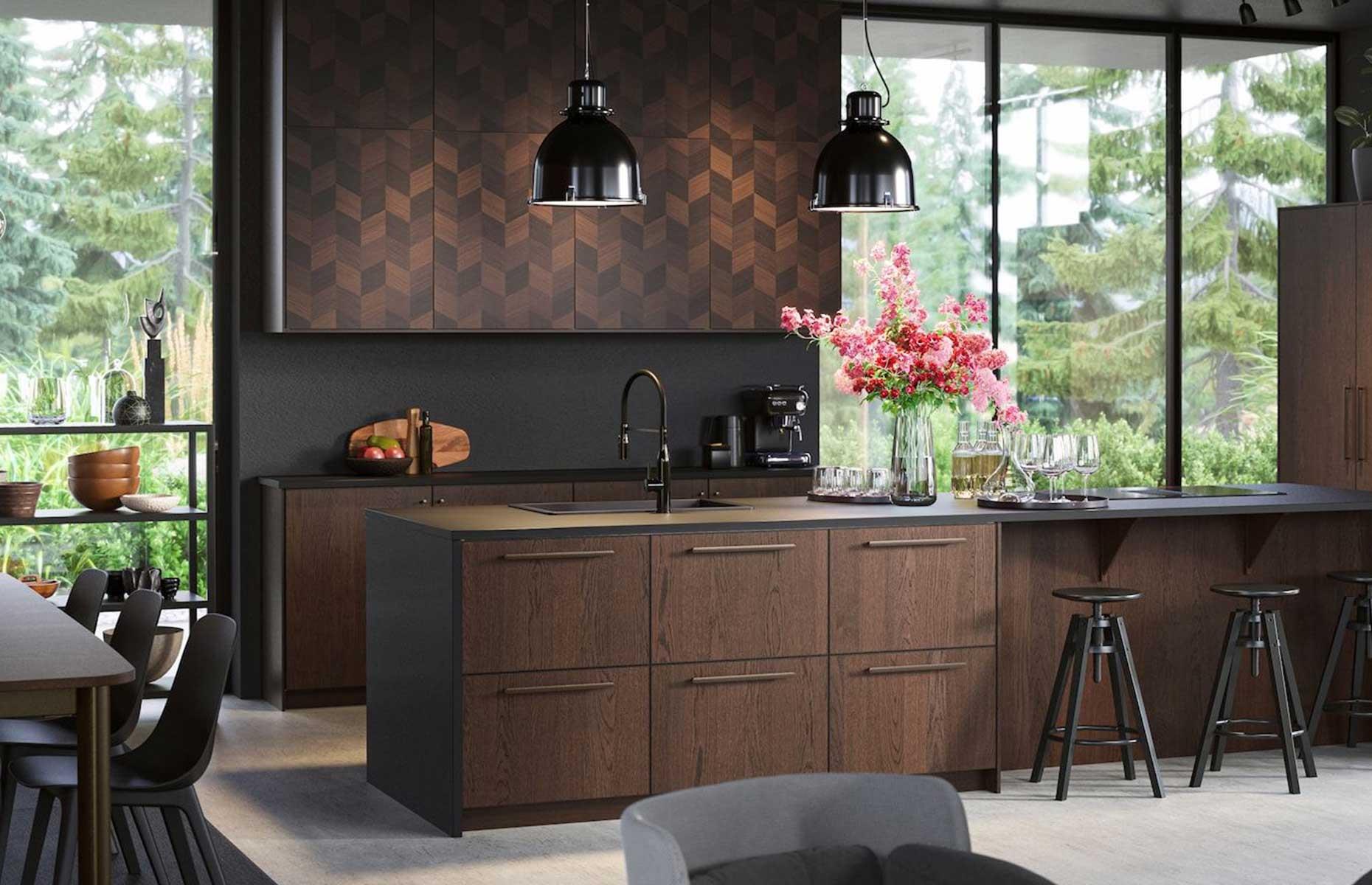 Dark oak kitchen with accent cabinets