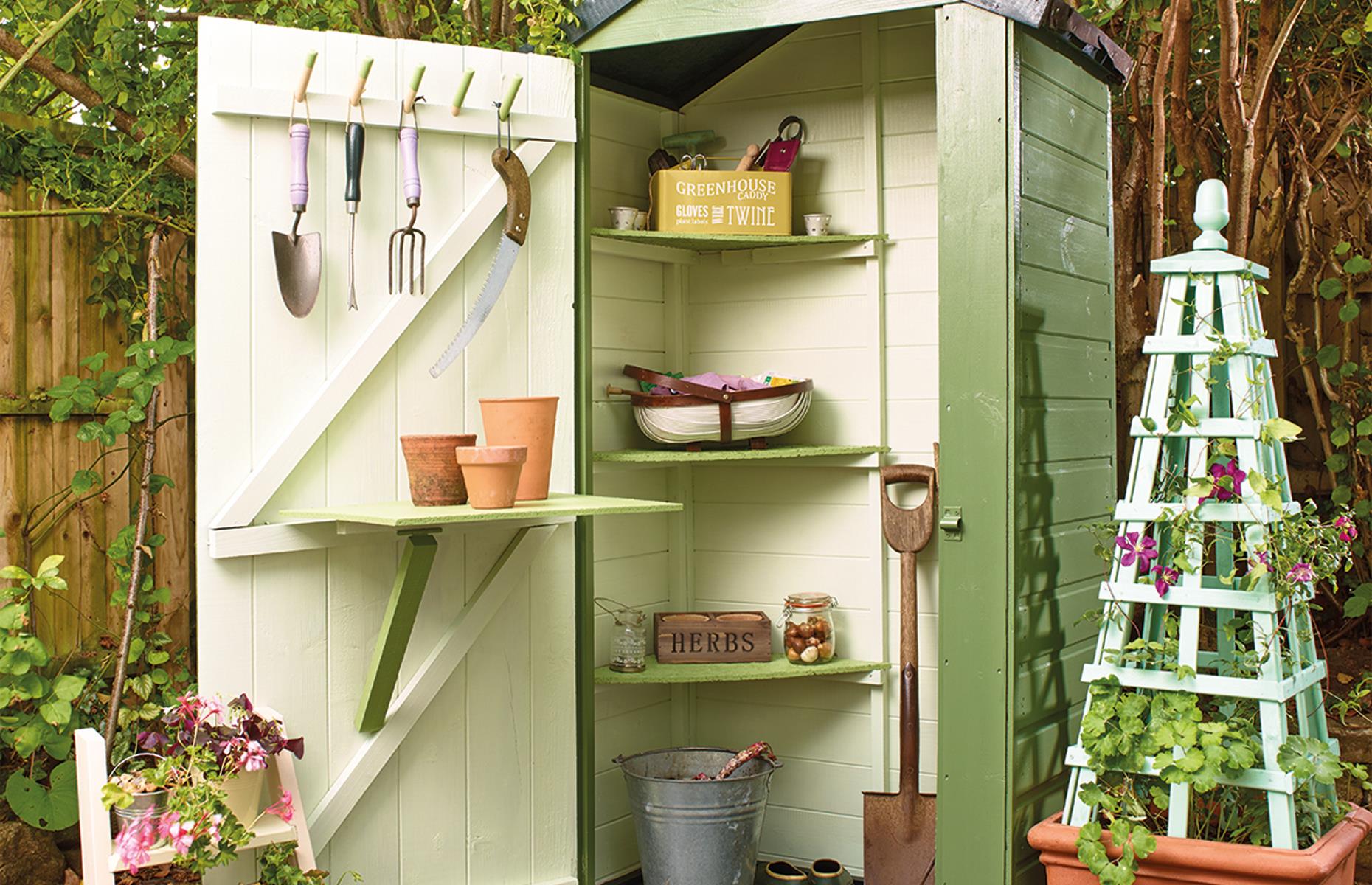 Mount corner shelves in a small shed