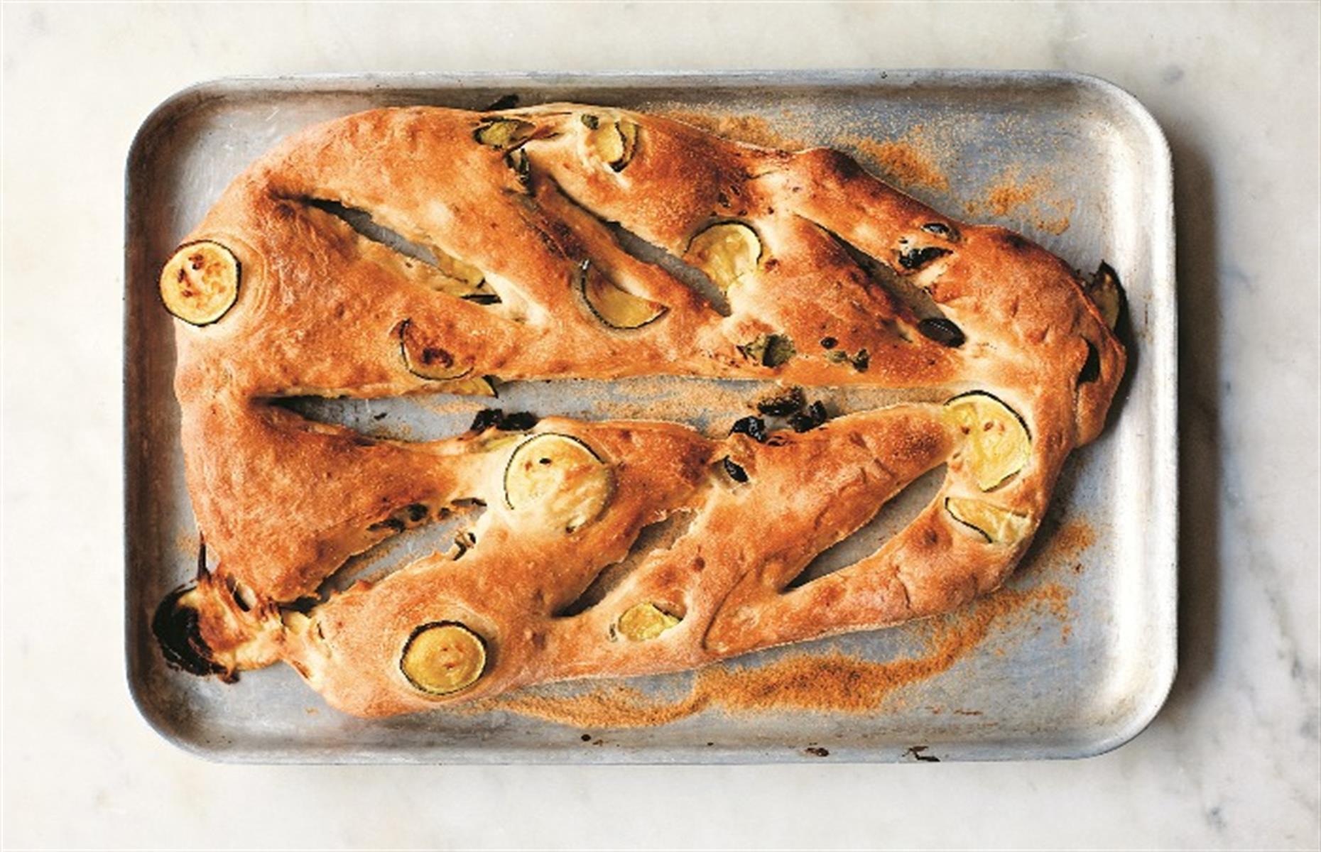 Fougasse with olives and courgettes