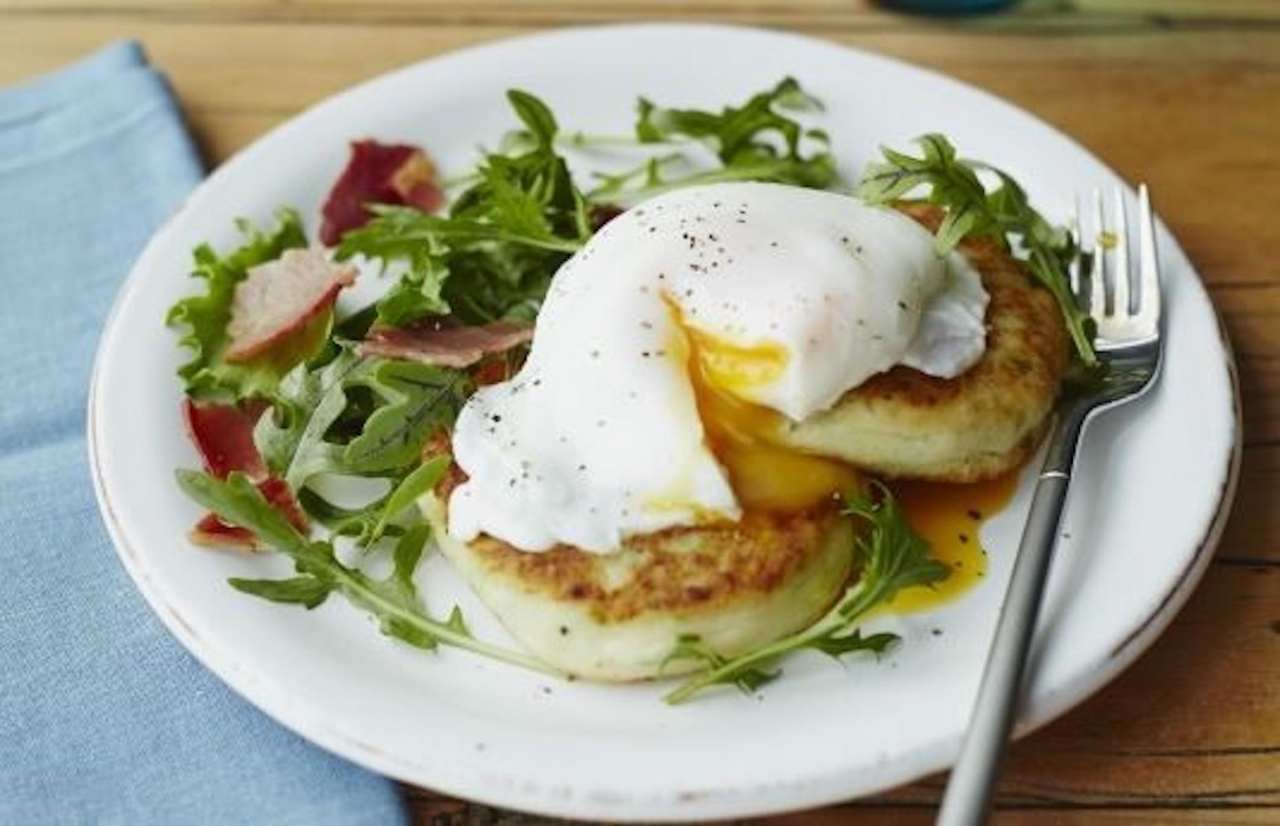 Champ cakes with poached eggs and bacon