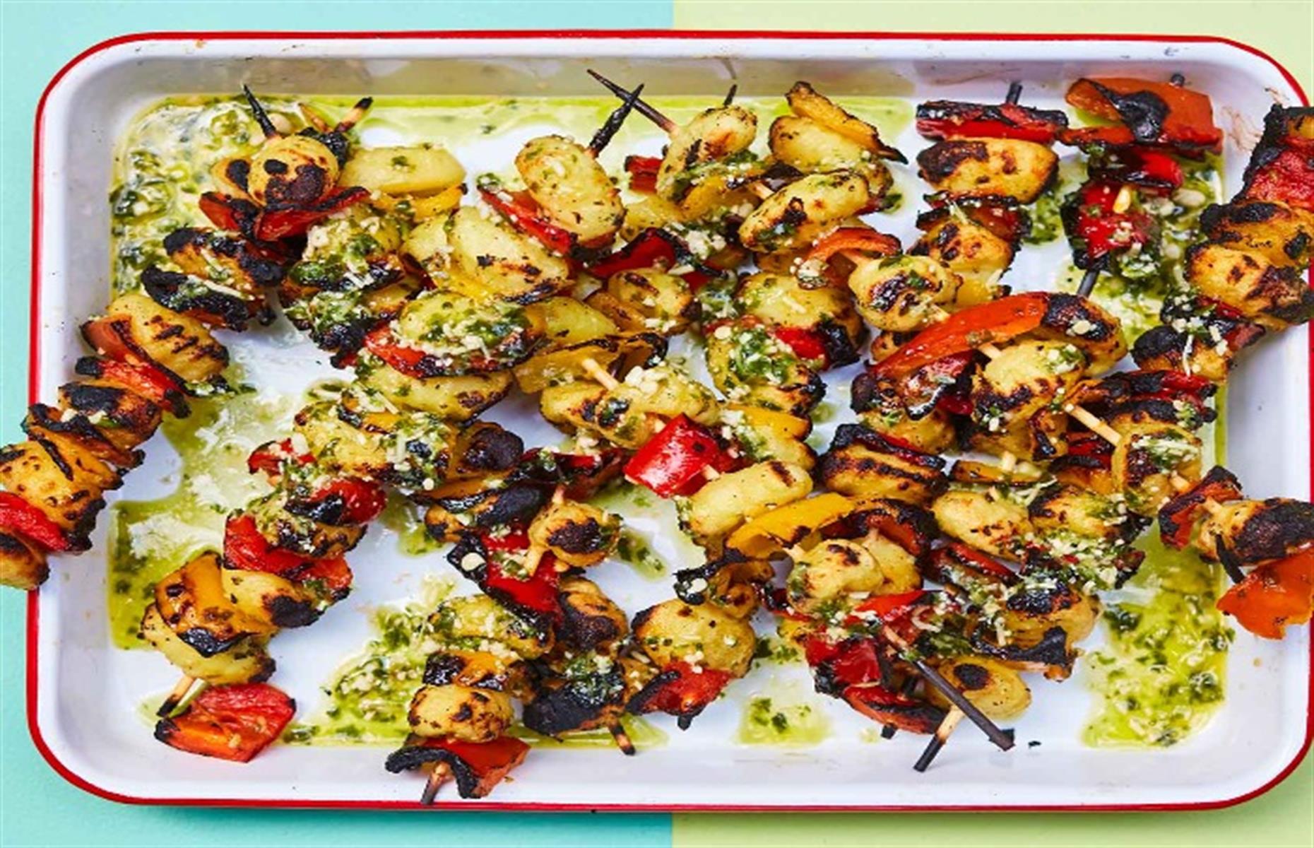 Barbecued gnocchi, peppers and pesto skewers