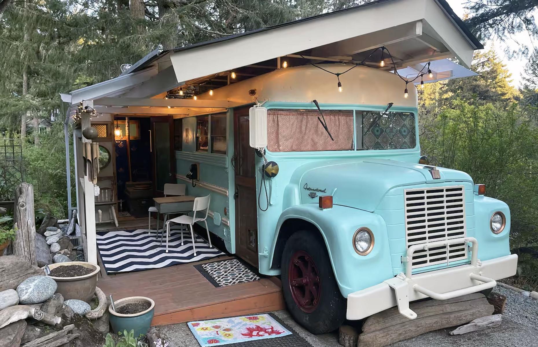 Converted 1960s school bus, Sooke, British Columbia