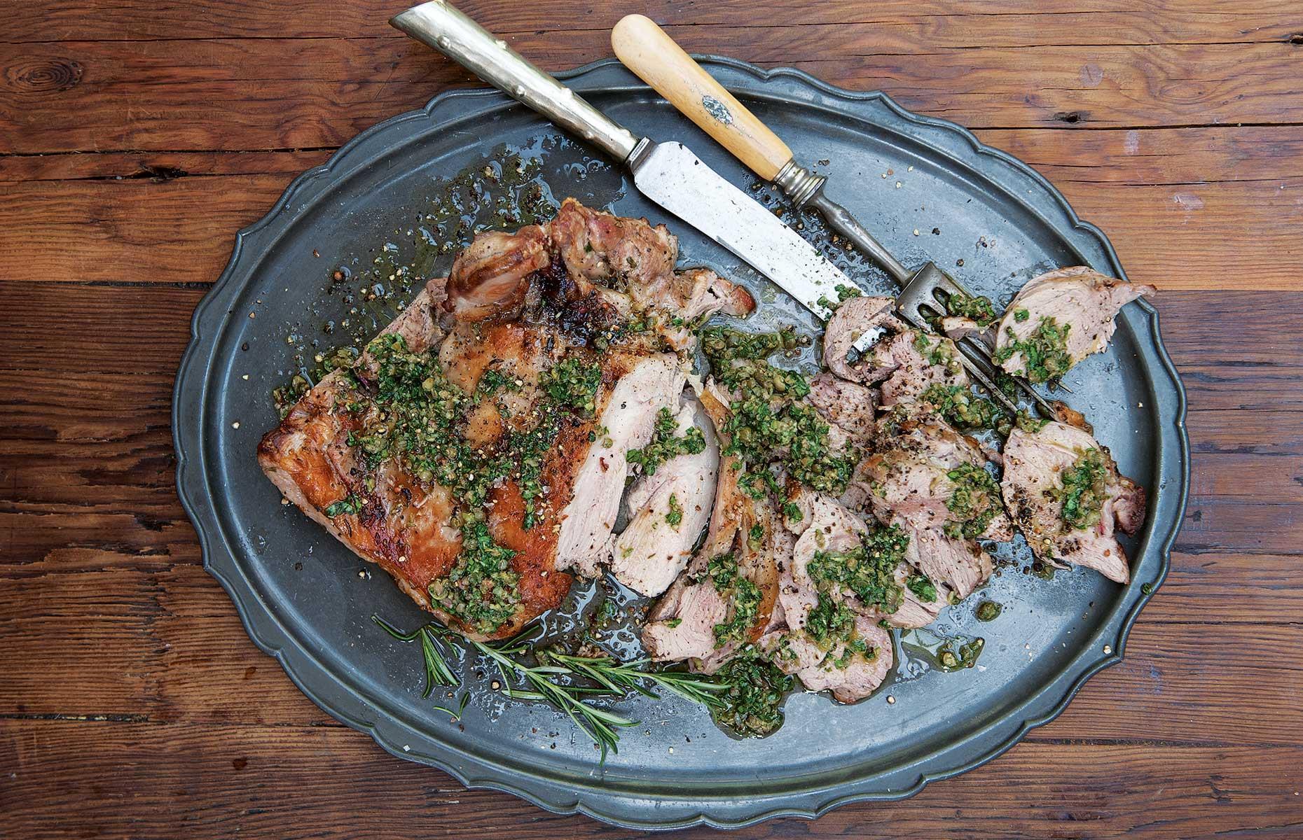Leg of lamb: roast lamb with salsa verde