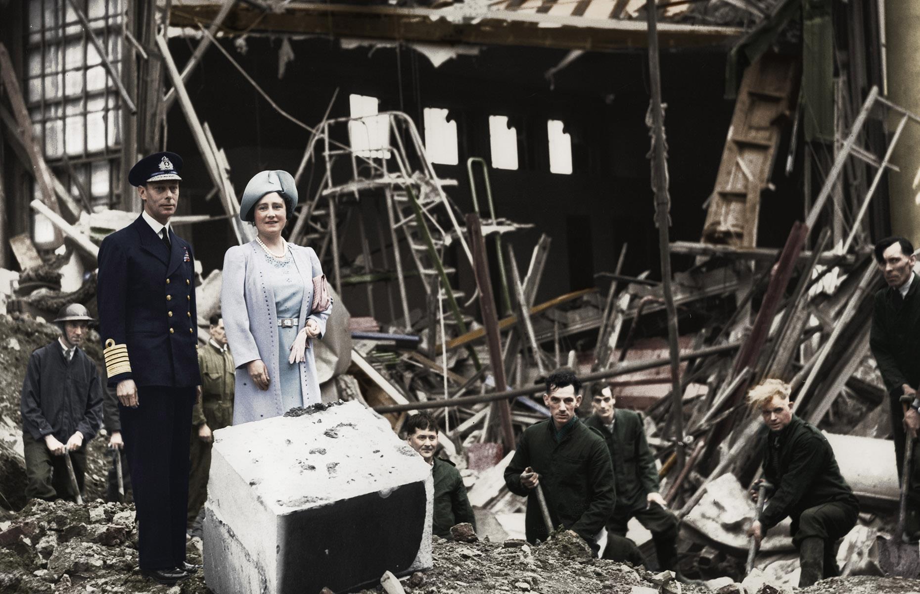 September 1940: King George VI and Queen Elizabeth inspect bomb damage at Buckingham Palace, London, England