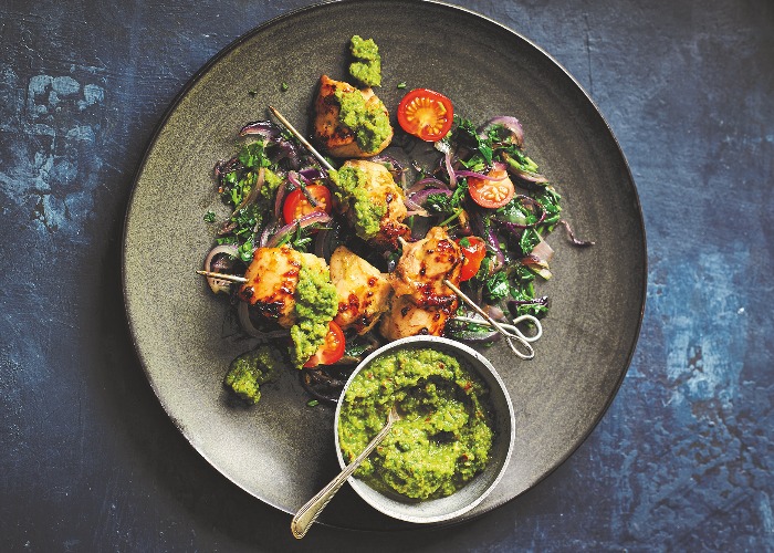 Chicken skewers with apple and pea chutney recipe