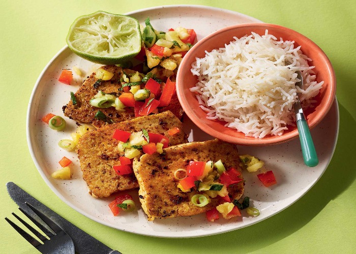 Jerk-spiced tofu with coconut rice and pineapple salsa recipe