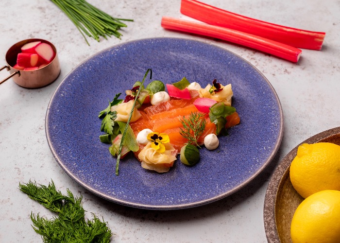 Gin cured salmon with rhubarb, pickled ginger and sour cream recipe