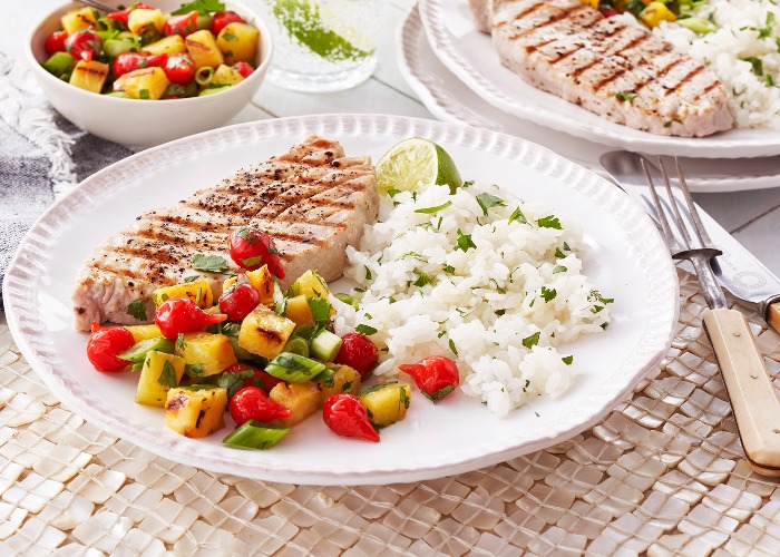 Jo Pratt’s seared tuna steaks with pineapple salsa and sticky rice recipe