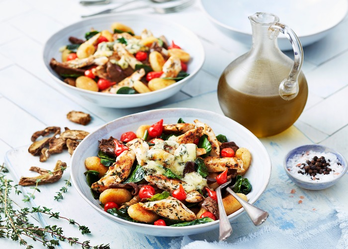 Jo Pratt’s pan-fried gnocchi with chicken, porcini and blue cheese recipe