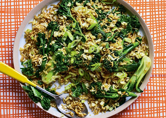 Kale, pak choy and broccoli with garlic fried rice recipe
