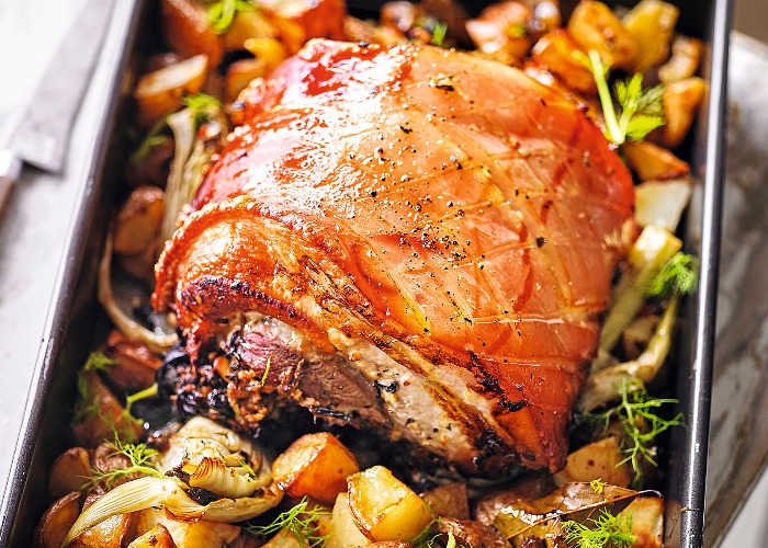 Roast pork belly with garlic potatoes recipe