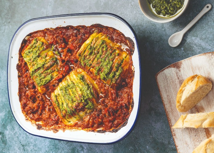 Hasselback halloumi and hidden veg traybake recipe