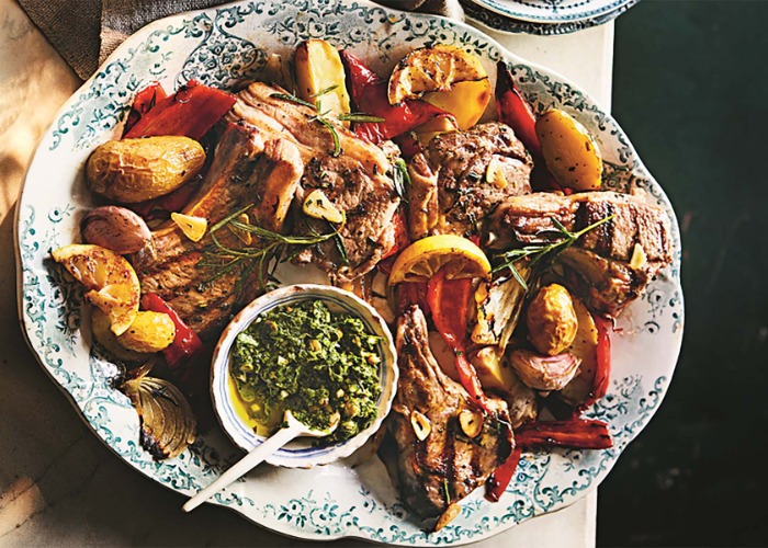 Rosemary lamb cutlets with roasted potatoes, peppers and salsa verde recipe