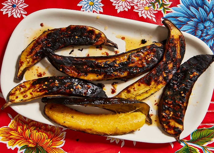 Barbecued plantains with honey butter, chilli and lime recipe