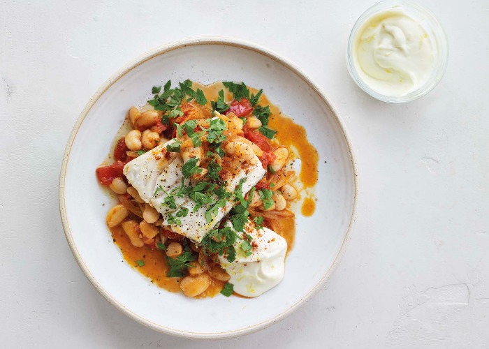 Hake and butter beans with lemon mayonnaise recipe