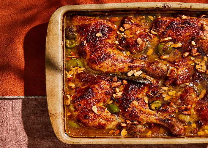 Braised chicken with almonds, olives, raisins and lemon recipe