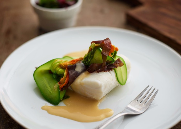 Cod with seaweed, courgette flowers and cucumber recipe