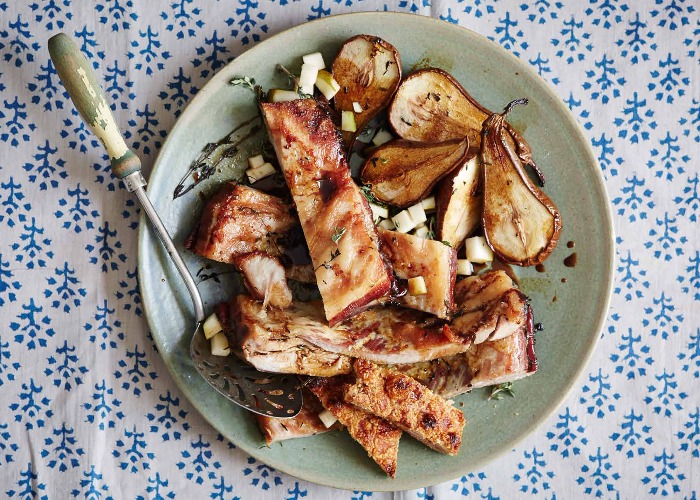 Roasted pork belly with pears and thyme recipe