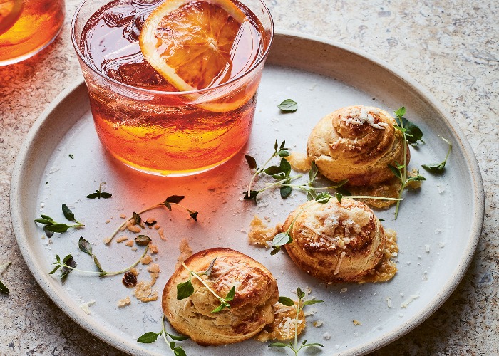 Thyme and Parmesan choux puffs recipe paired with a Negroni Sbagliato cocktail