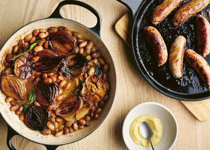 Borlotti beans, browned onions and sausages recipe