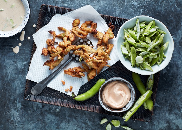 Broad bean pod fritters with sriracha mayonnaise recipe